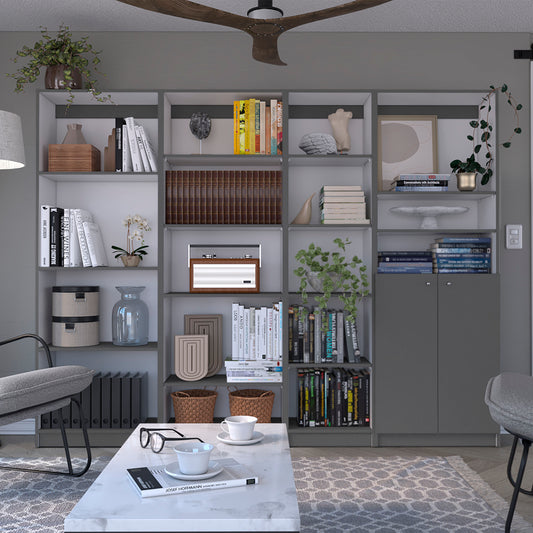 Dupree 4 Piece Home Bookcase set, 91' Wide with 17 Shelves And a Double-Door Cabinet ,  Living Room Set  Matt Gray / White