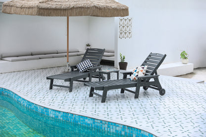 Lounge Chair with Side Table,3-Piece Oversized Chaise Lounge Chair Set with Wood Texture,Grey,All Weather Patio Lounge Chair with 5 Positions,Wheels & Cup Holder(include 2 Lounge chairs and 1 Table)