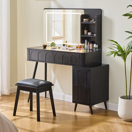 Modern Makeup Vanity Desk with LED Lights & Mirror, 4 Drawer Dressing Table Set with Stool, 3 Colors Dimmable Brightness, Space-Saving for Bedroom, Black