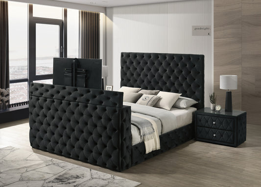 Luxurious Queen Size Bed Nightstand Set Deeply Tufted Headboard Upholstery Black Velvet Footboard Integrated Television Lift Mechanism Storage 3pc Set