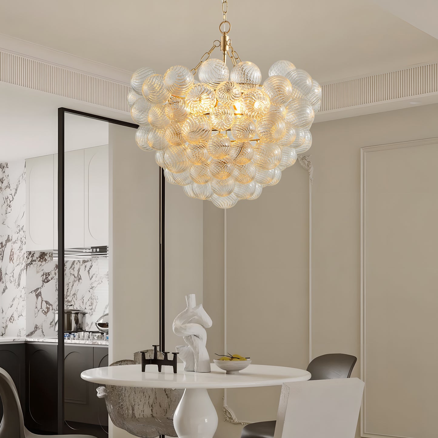 27.5-Inch Gold Pendant Light Chandelier with Threaded Clear Glass Globe Shade – Adjustable Height, Ideal for Living Room, Dining Room, Kitchen (No Bulbs)