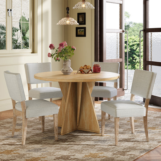 TREXM 5-Piece Round Dining Table Set for 4, Retro Kitchen Table and Chairs Set of 4 with Designed Base, Wood Dining Table with 4 Upholstered Chairs for Small Space and Dining Room (Natural Wood Wash)