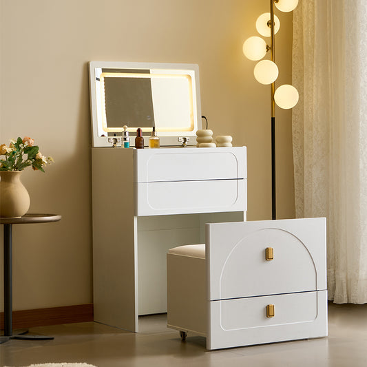 3 in 1 Vanity Desk, Flip Top Vanity Set with Mirror and 3 Drawer, Small Makeup Vanity Table with Cushioned Stool & Power Outlet, Compact Dressing Table for Bedroom, White