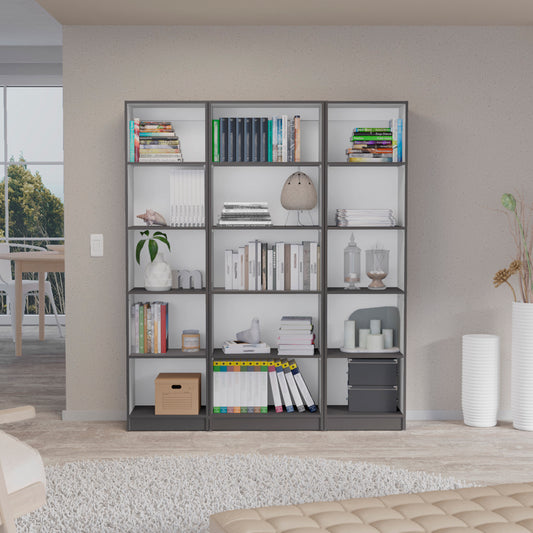 Bartow 3 Piece Home Bookcase set, 60' Wide with 15 Shelves ,  Living Room Set Set Matt Gray - White