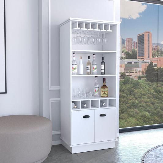 Dundee 70-Inch High 10-Glass Bar Cabinet with 5 Cubbies and 3 Open Shelves and Cabinet White