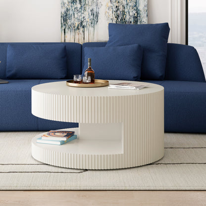 31.5'' Round Coffee Table,Modern Center Table with Storage,Vertical Stripe Design Coffee Table for Living Room,Bedroom(White)