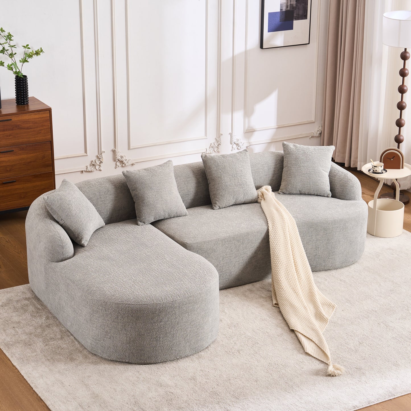 LY-022 Full Compression Sponge L-Shape Sectional Sofa with Curved Chaise, Gray Modular Chenille Couch, 30D High-Density for Apartment Living Room.900 lbs.