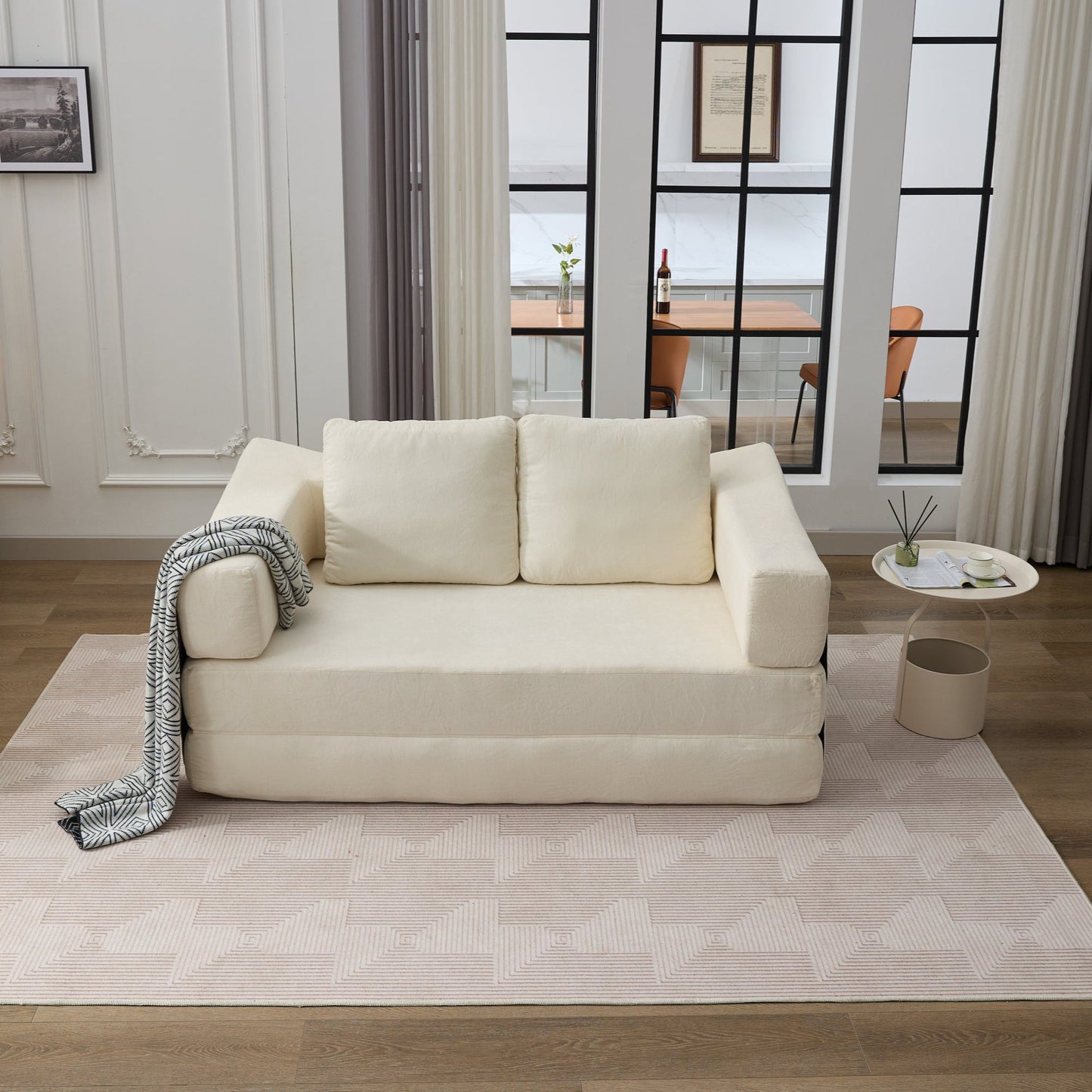 Modern Minimalist Sofa, Fold-Out Sofa Bed, Convertible Chair Floor Couch & Sleeping Mattress for Living room, Bedroom, Apartment, Removable Backrest, White