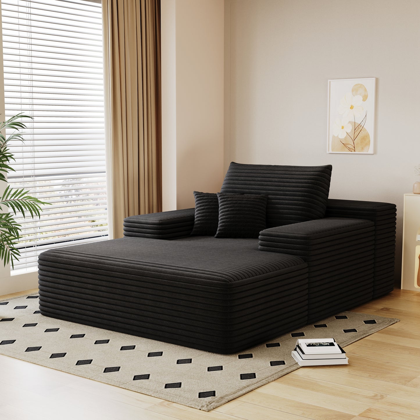 Modern Sofa bed  lounger for moviebonus room,No Assembly Required,Black(Plush Corduroy Fabric)