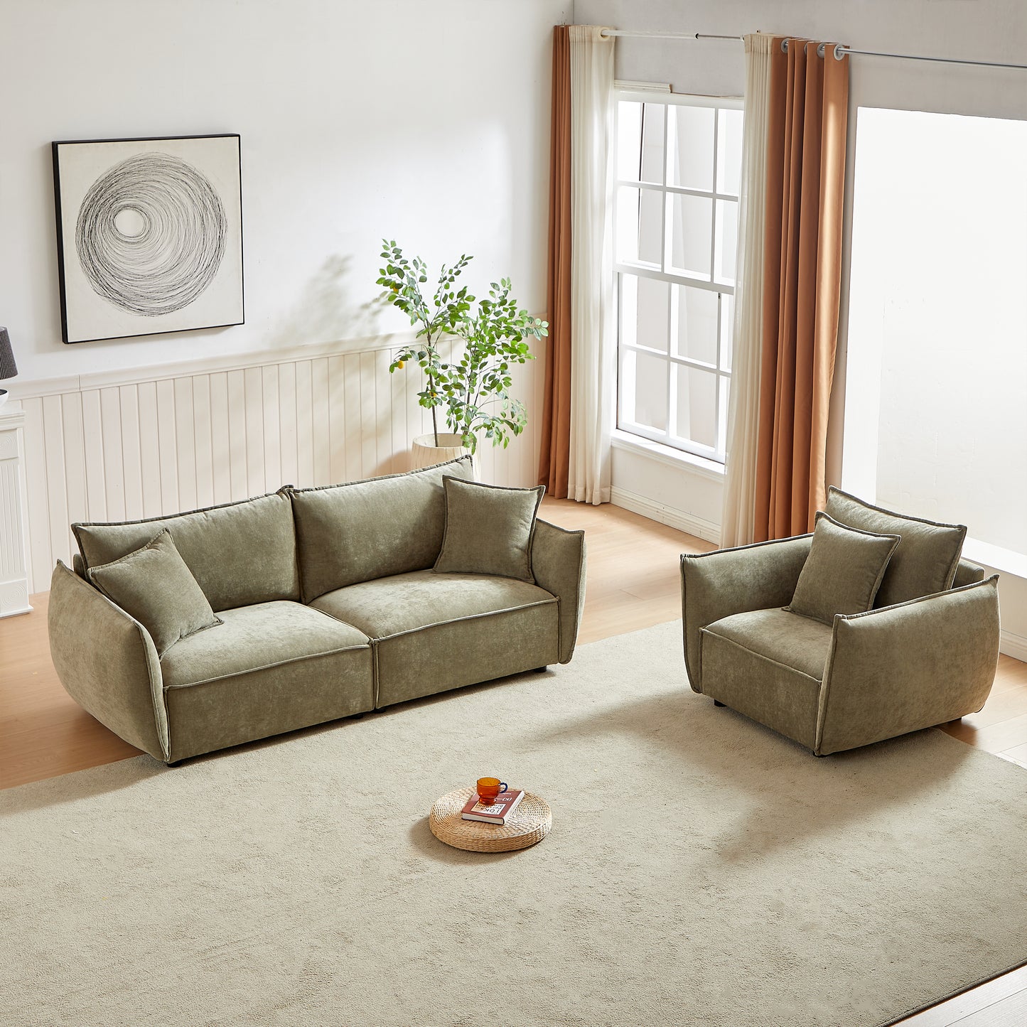3-Seater + 1-Seater Combo Sofa Modern Living Room Sofa, Linen Fabric Sofa, Wooden Frame with 3 Pillows, Apartment Sofa Furniture