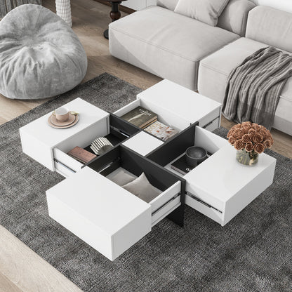 ON-TREND Unique Design Coffee Table with 4 Hidden Storage Compartments, Square Cocktail Table with Extendable Sliding Tabletop, UV High-gloss Design Center Table for Living Room, 31.5'x 31.5'