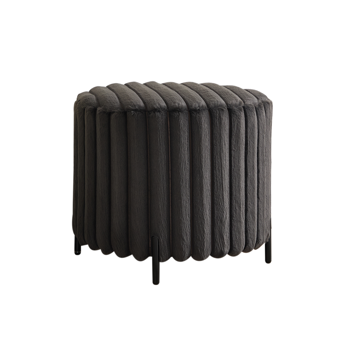 22.05' Wide Upholstered Round Pouf Ottoman Foot Rest with Black Metal Legs, Faux Fur Finish, Charcoal