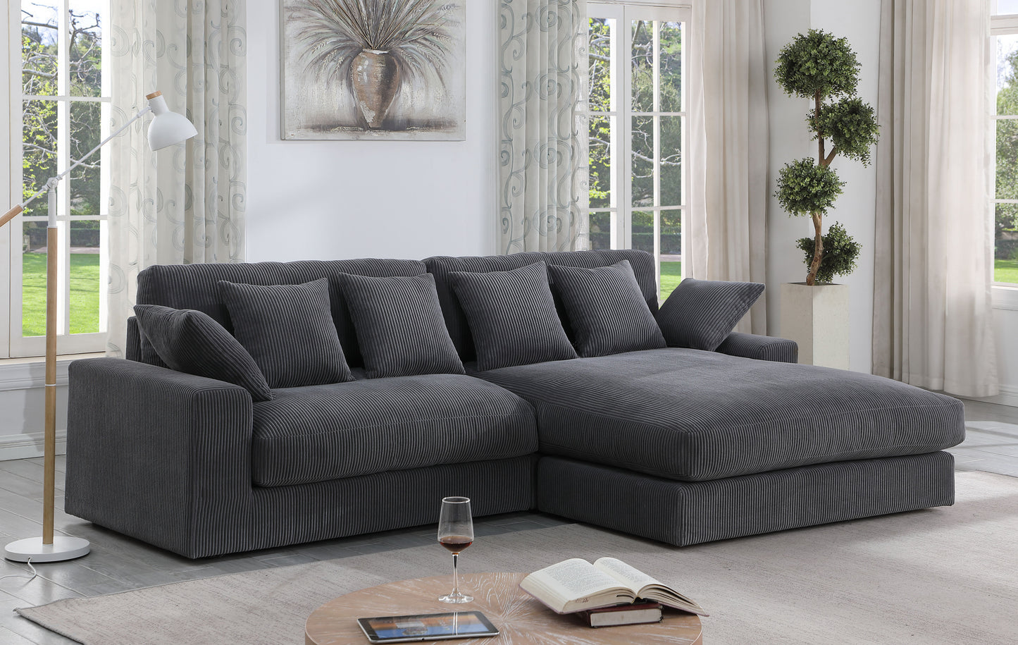 Mystic 105' Dark Gray Corduroy Reversible Sectional Sofa Chaise