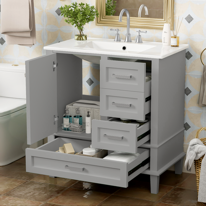 30' Bathroom Vanity , Modern Bathroom Cabinet with Sink Combo Set, Bathroom Storage Cabinet with a Soft Closing Door and 3 Drawers, Solid Wood Frame(Grey)