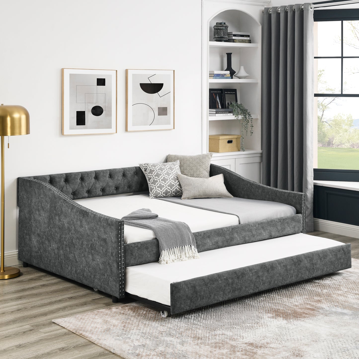 Full Size Daybed with Twin Size Trundle Upholstered Tufted Sofa Bed, with Button on Back and Copper Nail on Waved Shape Arms,Grey (80.5'x55.5'x27.5')
