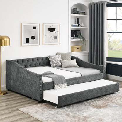 Full Size Daybed with Twin Size Trundle Upholstered Tufted Sofa Bed, with Button on Back and Copper Nail on Waved Shape Arms,Grey (80.5'x55.5'x27.5')