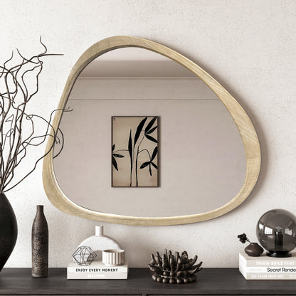 Solid Wood Mirror 45 Inch Asymmetrical Wall Mirror Wooden Framed Mirror Large Sized Dressing Mirror, for Living Room, Bedroom, Bathroom, Hallway or Entry Way, Natural Wood Washed
