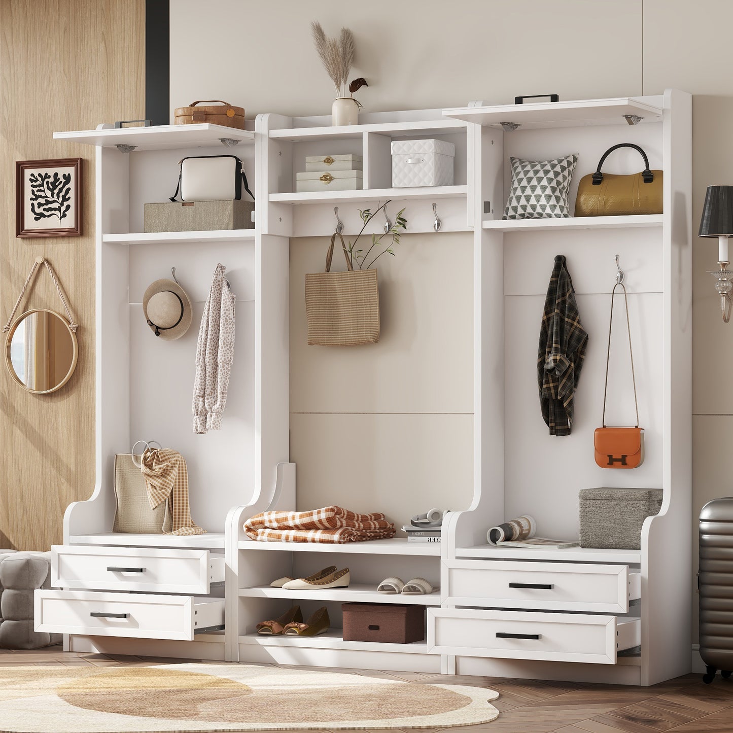 4-in-1 Detachable Hall Tree with Storage and 7 Hooks, Multiple Functions Hallway Coat Rack with Storage Drawers and Cabinet, White  Shoe Bench for Entryway Hallway