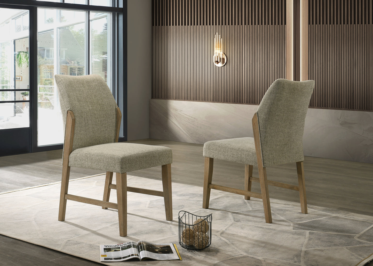 Eden Set of 2 Beige Linen Dining Chair with Rustic Oak Finish Legs