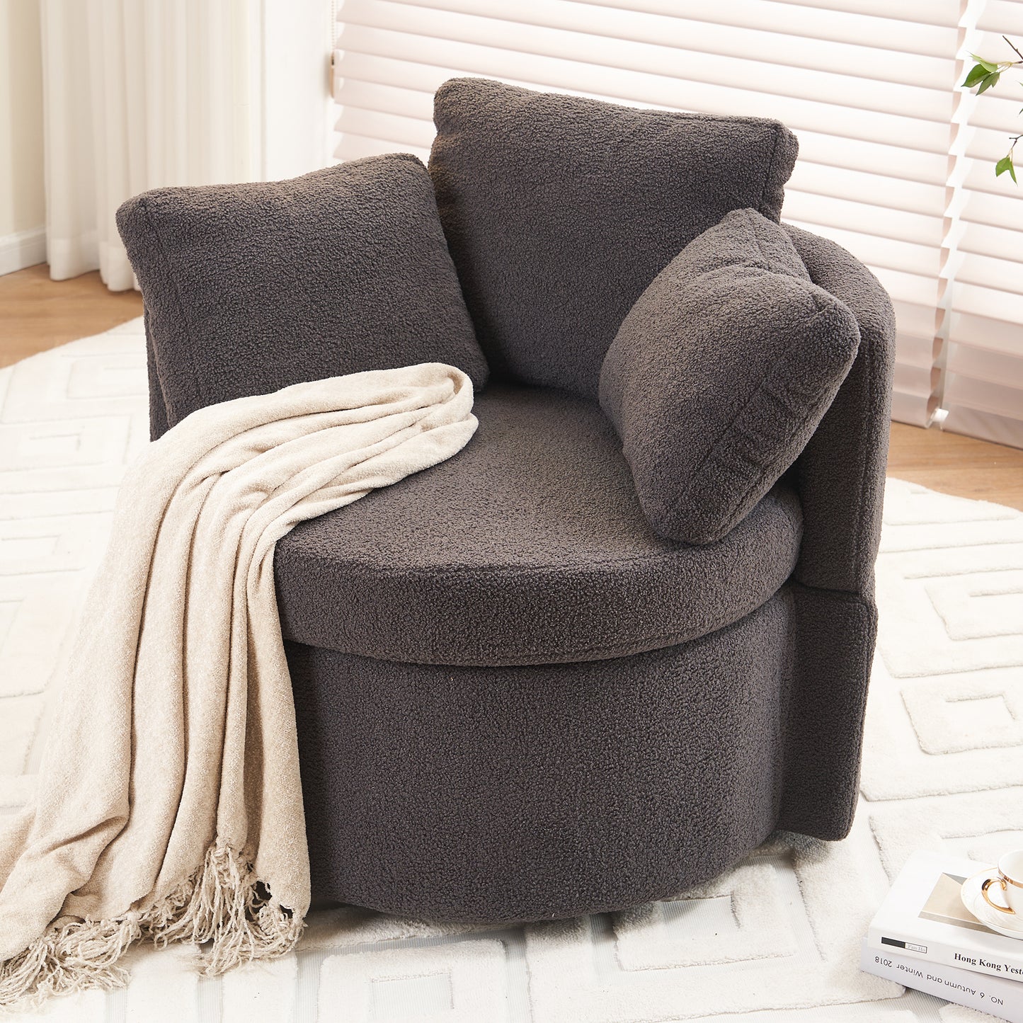029-Teddy Fabric Swivel And Storage Chair With Back Cushion For Living Room,Dark Gray