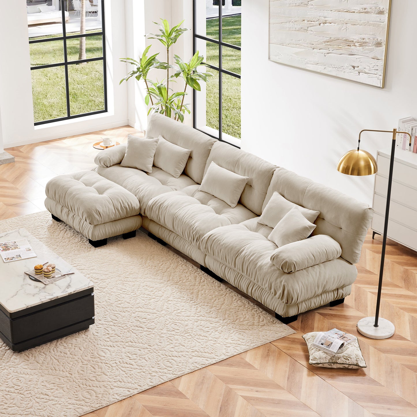 Luxury Modular Sectional Sofa Couch,Oversized L Shaped Cloud Couch for Living Room,Deep Seat Sofa Couch with Convertible Ottoman,Chenille Light coffee