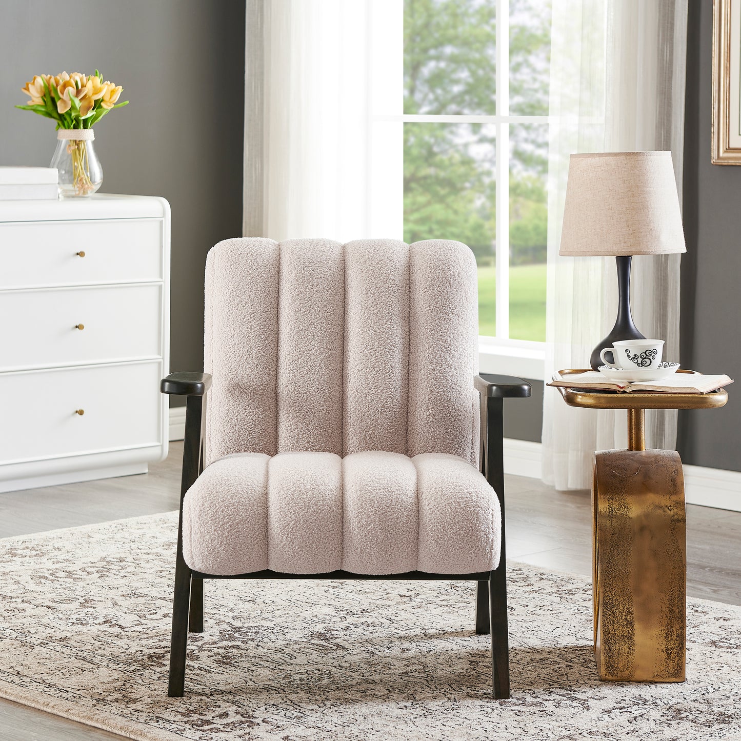 Rella Modern Teddy Sherpa Accent Chair with Espresso Wood Frame