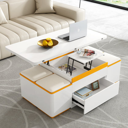 [Video Provided] U-Can Lift-Top Coffee Table with 4 Storage Stools, Modern Space Saving Center Table with Foldable Top, Multi-Functional Adjustable Coffee Table for Living Room