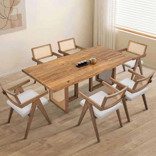 86.61 Inch Oversize Rectangular Waves Dining Table Set,7 PCS Wooden Dining Table and Chairs,Mid Century Modern Large Kitchen Set for Living Room,Bohemian Dining Table with Rattan Weave for Restaurant