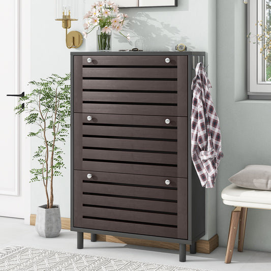 ON-TREND Minimalist Slim Tipping Bucket Shoe Cabinet with Hanging Hooks, Slits Design Panels Entryway Organizer with 3 Flip Drawers, Free Standing Shoe Rack with Adjustable Panel for Hallway, Black