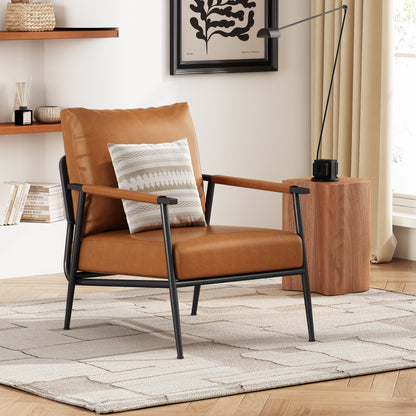 Mid-Century Modern Accent Chair with Brown Faux Leather Upholstery, Padded High Backrest, Metal Frame and faux leather wrapped Armrests, Perfect for Living Room, Bedroom, or Office