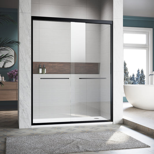 Sliding Shower Glass Door 44-48 in. W x 72 in. H, Adjustable Semi Frameless Shower Door, Certified Thick Clear Clear Tempered Glass, 304 Stainless Steel Handles, Black Finish
