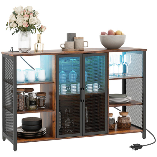 HOMCOM LED Wine Cabinet with Charging Station Glass Holders, Rustic Brown