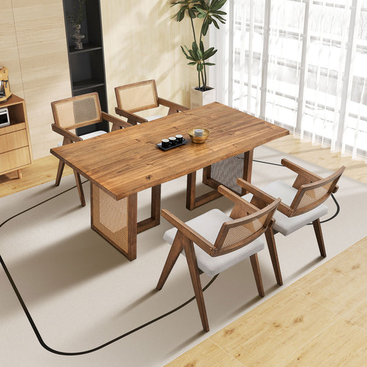 70.87 Inch Large Rectangular Waves Dining Table Set,5 PCS Wooden Dining Table and Chairs,Mid Century Modern Large Kitchen Set for Living Room,Bohemian Dining Table with Rattan Weave for Restaurant