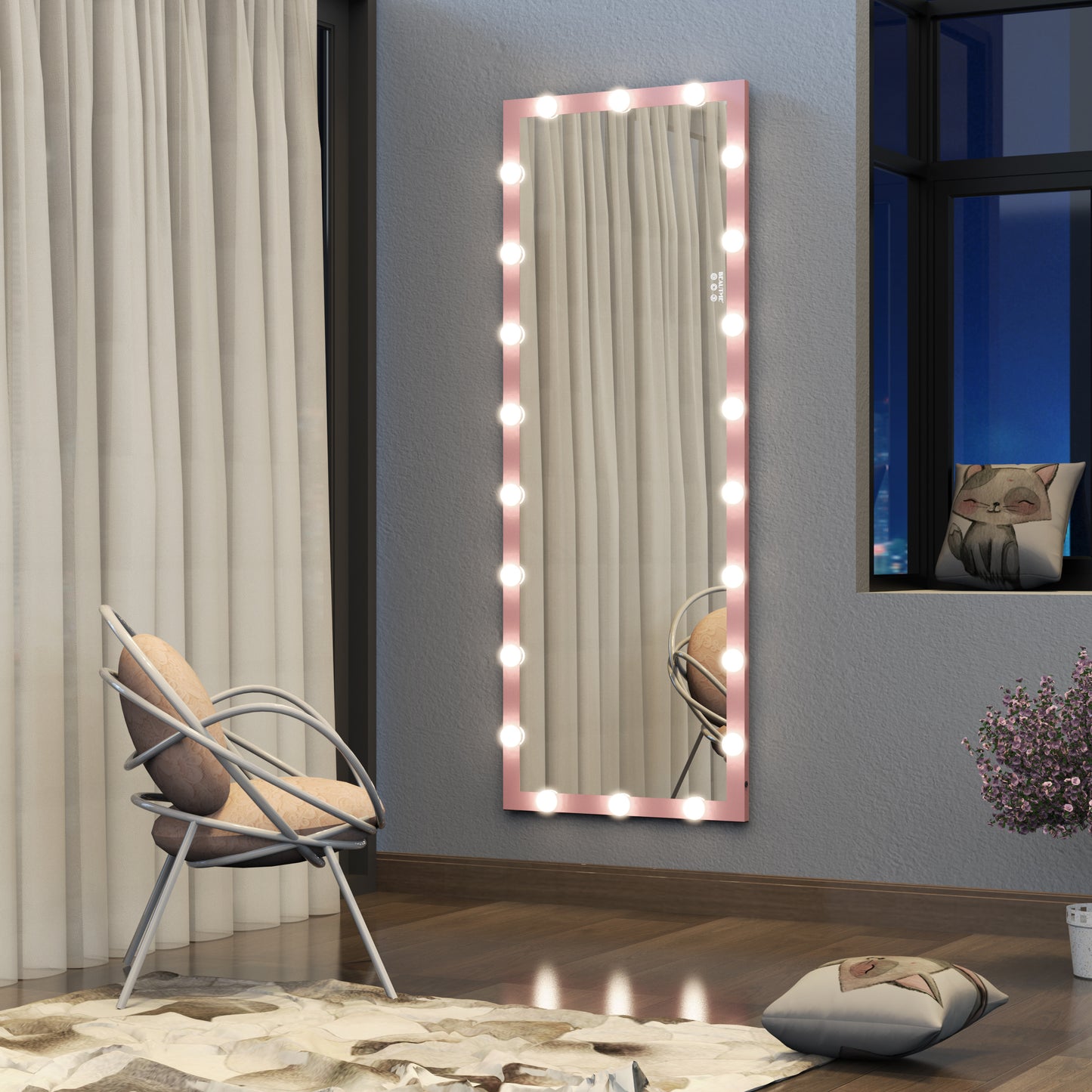 Hollywood Full Length Mirror with Lights Full Body Vanity Mirror with 3 Color Modes Wall Lighted  Standing Floor Mirror for Dressing Room Bedroom Hotel Touch Control Pink 62.6'x23.3'