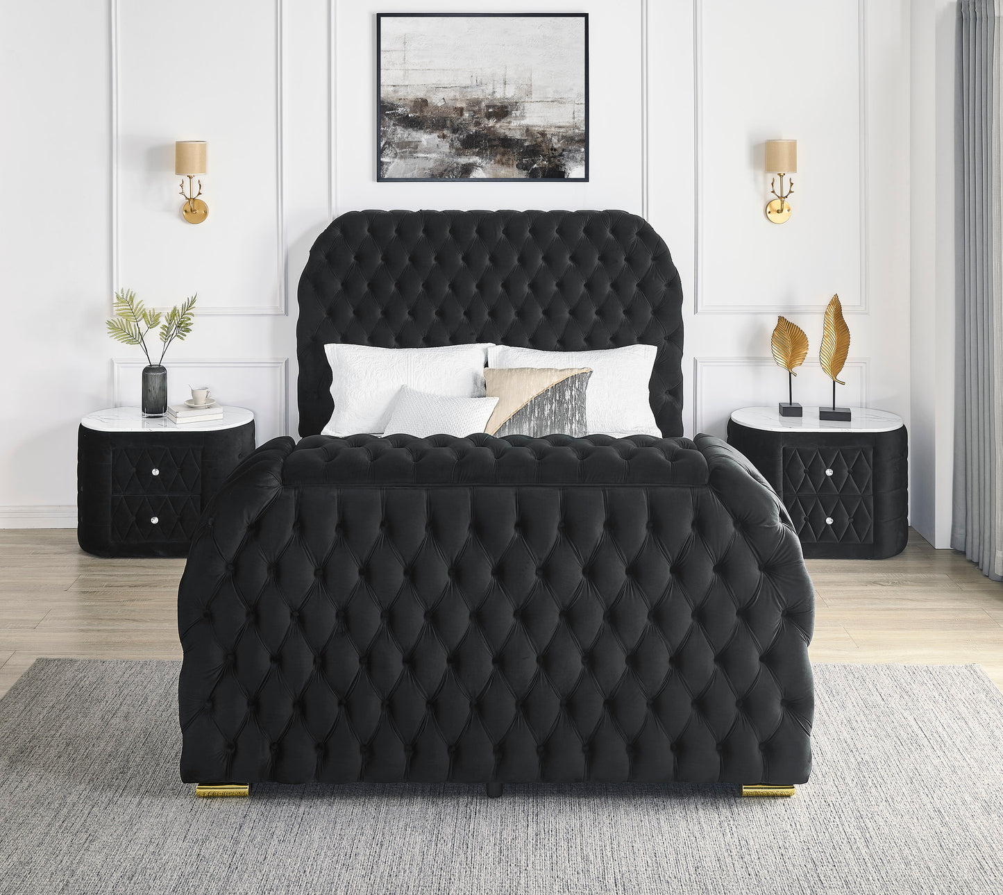 Luxurious King Size 3pc Bed Set Comfort Innovative Design Bed Deeply Tufted Headboard Upholstered Black Velvet Television Lift Built-in Electric Fireplace Bedroom Furniture 1x Bed 2x Nightstands