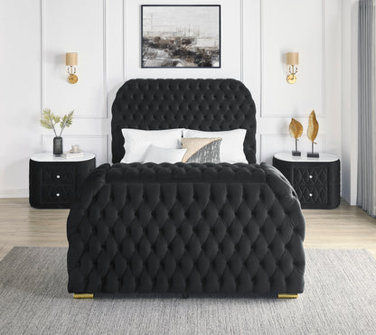 Luxurious King Size 3pc Bed Set Comfort Innovative Design Bed Deeply Tufted Headboard Upholstered Black Velvet Television Lift Built-in Electric Fireplace Bedroom Furniture 1x Bed 2x Nightstands