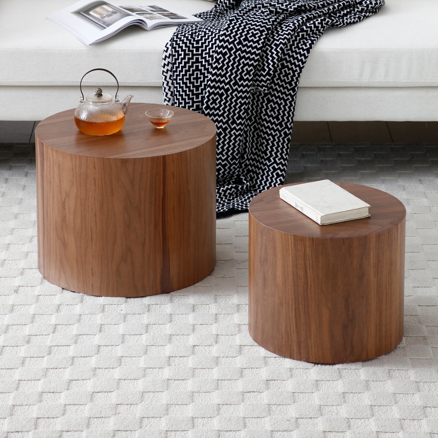 Round Coffee Table Set of 2, Nesting Coffee Tables for  MDF with  veneer .for living room,office,bedroom,Natural, 4Colors