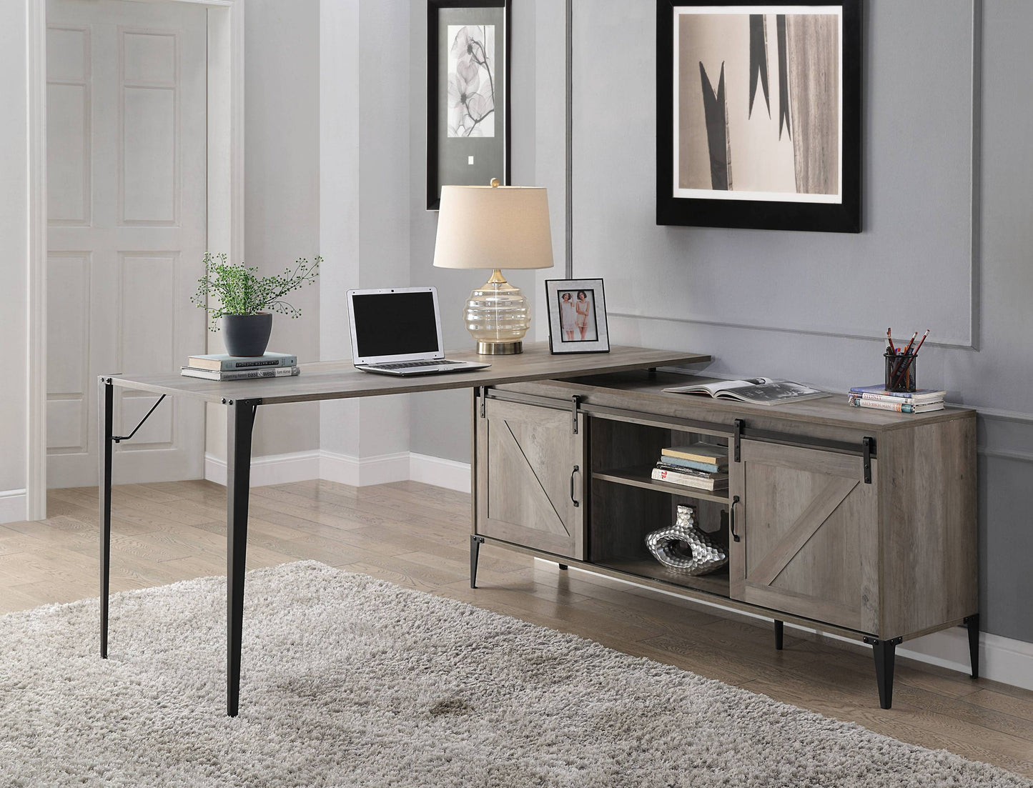 Zakawani Gray Oak & Black Finish Writing Desk with a Cabinet