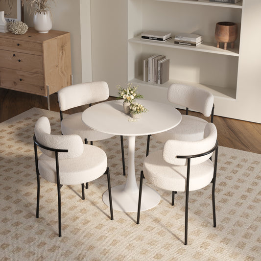 31.5' round dining table set for 4 and 4 pieces Upholstered Chairs for Four Person, MDF Table-top, Off White Faux Fur with White table Leg for Kitchen, Reception Room