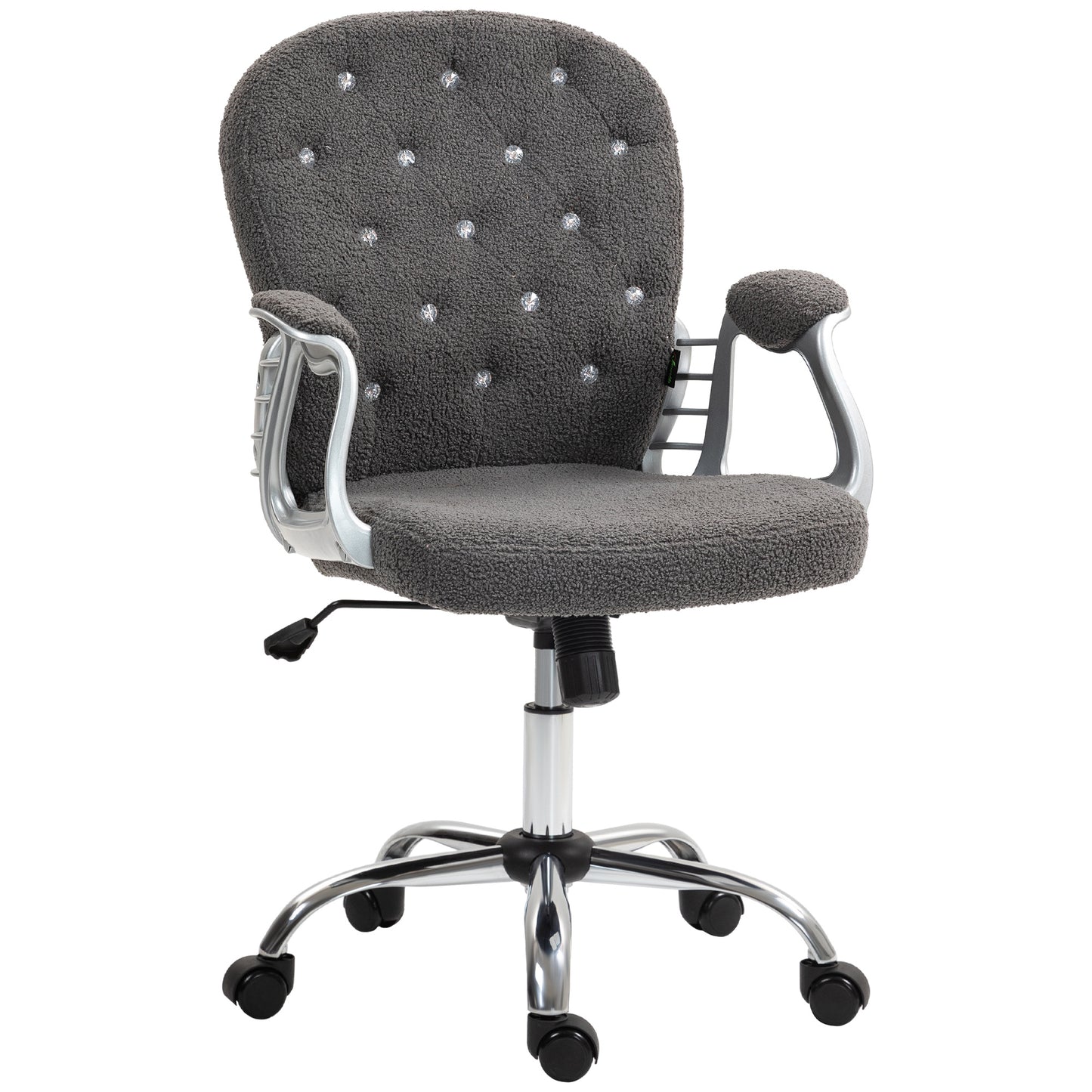 Vinsetto Teddy Fleece Home Office Chair, Button Tufted Desk Chair with Padded Armrests, Adjustable Height and Swivel Wheels, Dark Gray