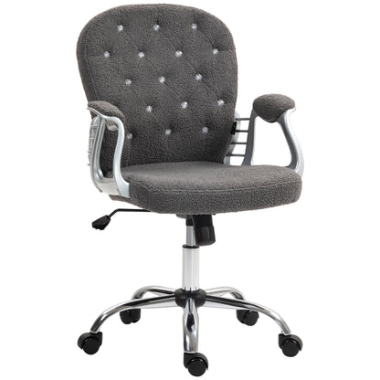 Vinsetto Teddy Fleece Home Office Chair, Button Tufted Desk Chair with Padded Armrests, Adjustable Height and Swivel Wheels, Dark Gray