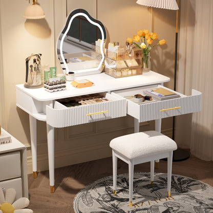 40' Modern Vanity Table Set with Mirror Touch Screen Lighted Mirror, Dressing Table and Cushioned Stool Set with 2 Large Drawers, White