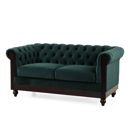 VIVALUX Chesterfield Velvet Loveseat Sofa 2-Person Rolled Arm Upholstered Couch Forest Green 59.44'