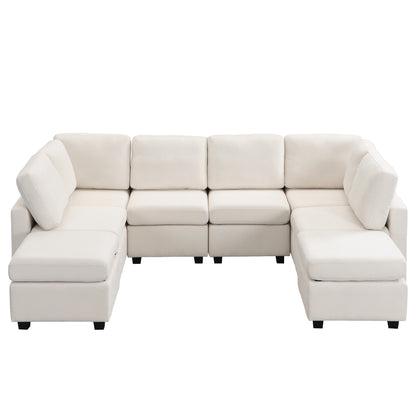 Chenille Fabric U-shaped Sectional Sofa with Movable Ottoman and USB Ports, Beige, 103'