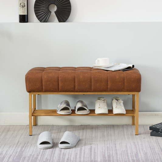 End of Bed Bench with Shelf, Retro leather Upholstered Storage Shoe Bench, Modern Bedroom Bench with Metal Legs for Living Room, Entryway, Dining Room, 300 LB, (Brown)