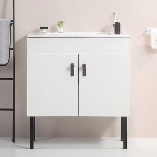 30' Bathroom Vanity with Metal Leg,with White Ceramic Basin,Two Soft Close Cabinet Doors, Solid Wood,Excluding faucets,white