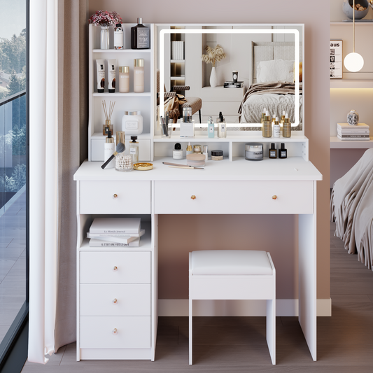 41' Large Size Left Drawer Desktop Vanity Table+Cushioned Stool, Extra Large Touch Control LED Mirror, 3-color Switch, Multi Layer High Capacity Storage Fashionable Dresser, Suitable For Large Space