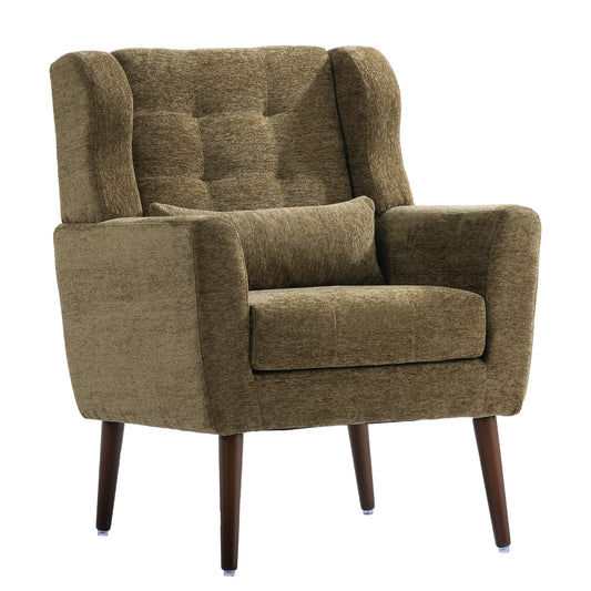Modern Accent Chair, Chenille Arm Chairs for Living Room, Upholstered Modern Armchair, Comfy Soft Padded Lounge Chair in Small Space, Bedroom, w/Pillow, Solid Wood Leg, Olive Green