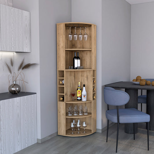 Corner Bar Cabinet 71'H with Five Shelves, Eight Bottle Cubbies and Stemware,Macadamia