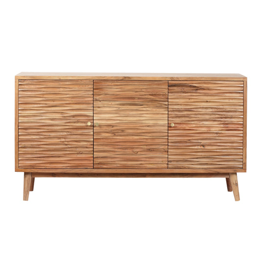 58' Boho Handcrafted 3-Door Acacia Wood Sideboard – Carved Texture & Artisanal Charm